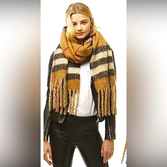 Fashion WomensAcrylic Plaid Boucle Oblong Large Scarf